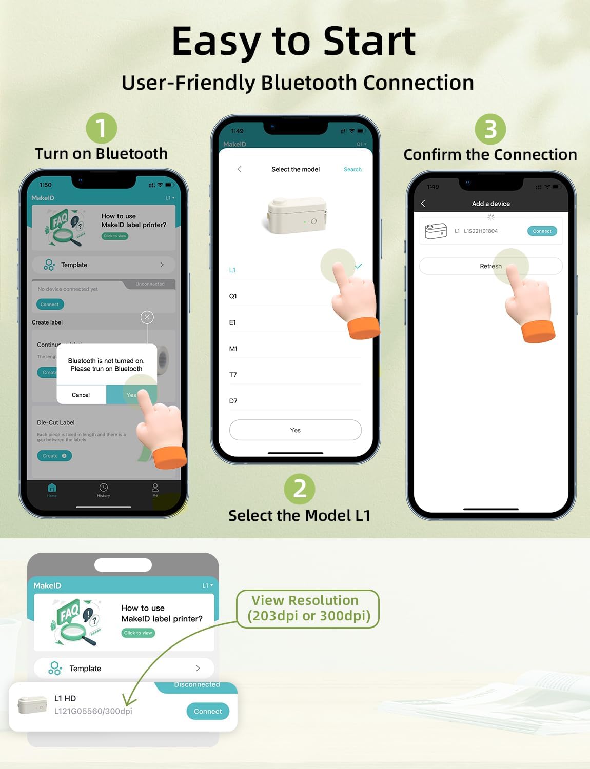 Makeid L1 HD Label Maker Machine with Tape, Portable & Rechargeable Label Makers Compatible with 9 12 16mm Waterproof Tape, Mini Bluetooth Labeler for Organizing Office Home School, 300DPI Green Tape
