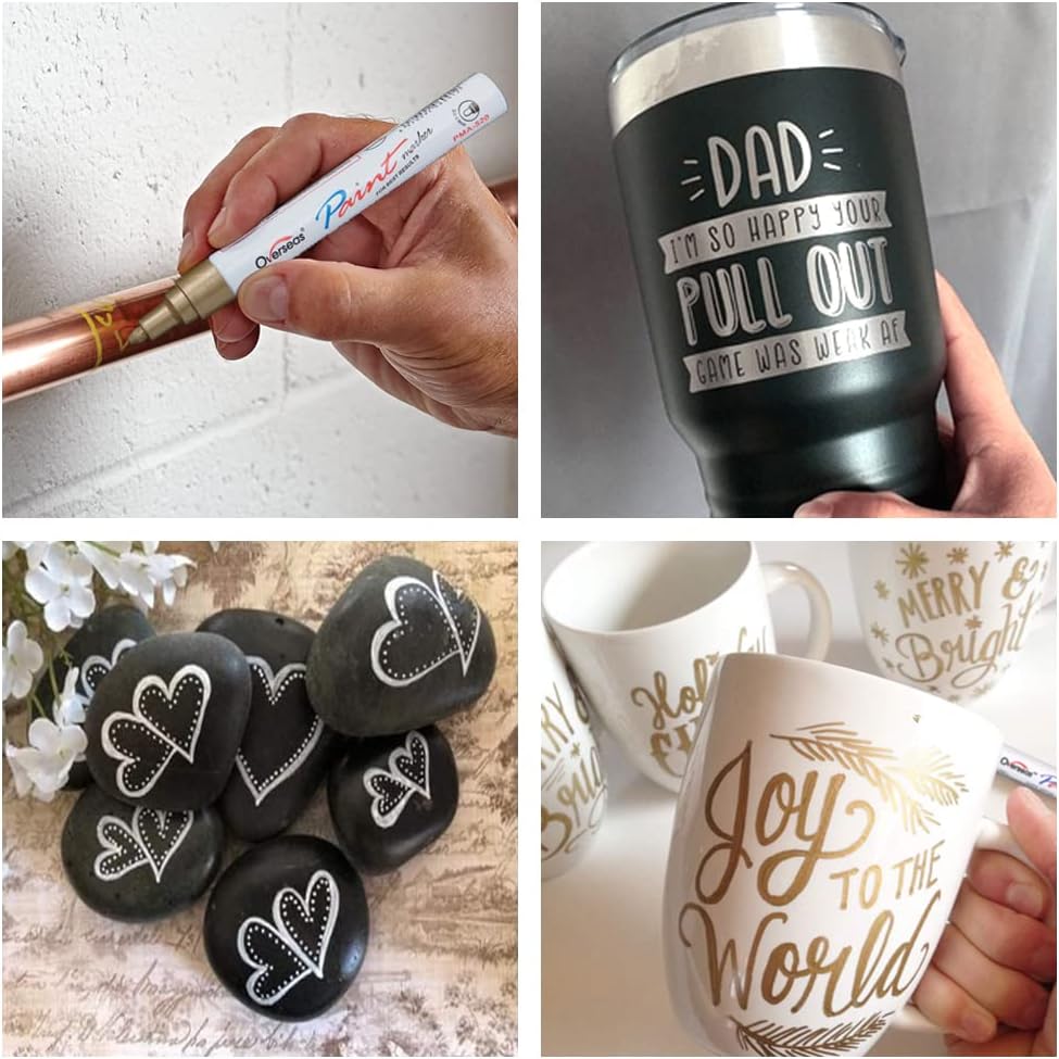 Overseas Gold and Silver Paint Pens - 6 Pack Oil Based Metallic Permanent Markers, Medium Tip, Quick Dry and Waterproof Paint Markers for Rock, Wood, Metal, Plastic, Canvas, Glass, Ceramics, Rubber