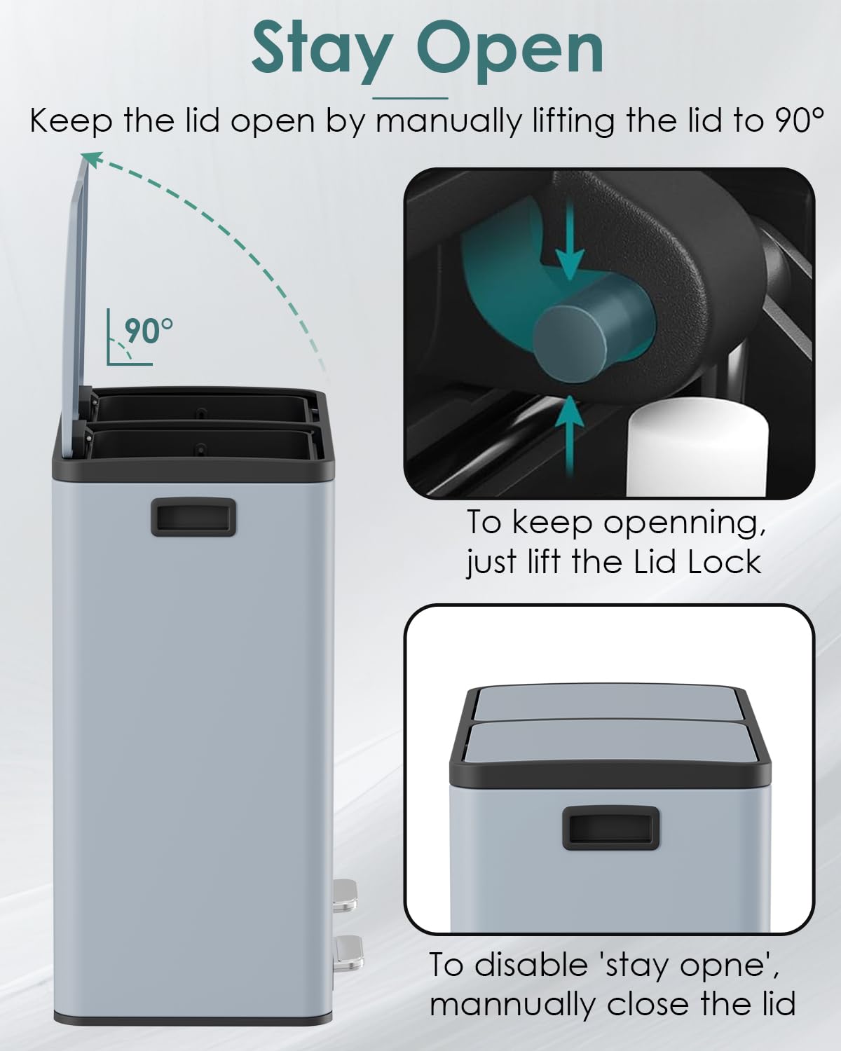 Arlopu 16 GallonStainless Steel Trash Can, 60L Dual Compartment, Metal Kitchen Step Recycle Bin, Metal Double Dustbin, in-Home Garbage Rubbish Can W/Removable Liner Buckets (Haze Blue)