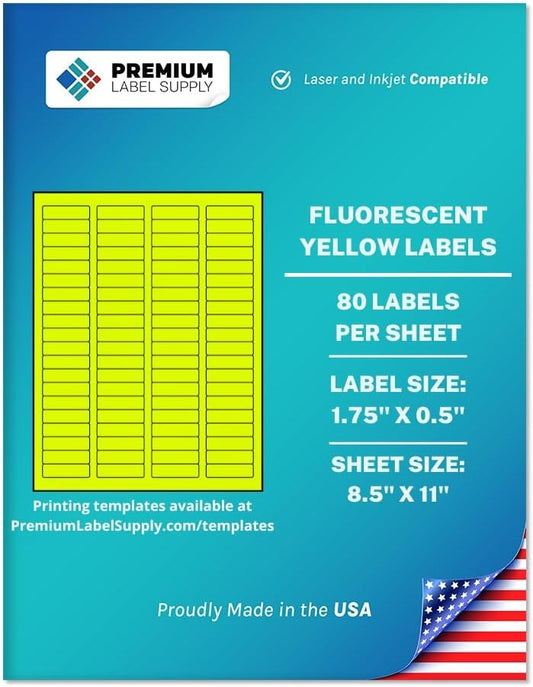 Premium Label Supply Bright Neon Color Fluorescent Sticker Labels - 1.75" x 0.5" Return Address Labels - (Fluorescent Yellow, 40,000 Labels)
