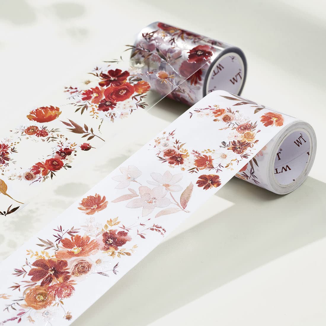 WT Copper Wide PET Tape, Single Roll, Original Designs, Floral Decorative Tape, Transparent Craft Tape for Bujo Planner & DIY Supplies, Watercolor Flowers