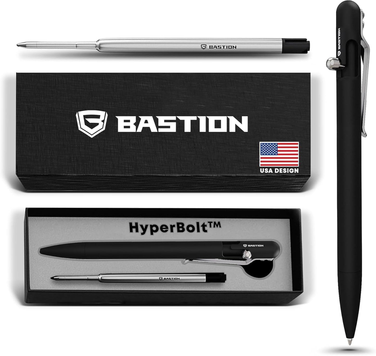 BASTION® Luxury Slim Bolt Action Pen, Lightweight Aluminum EDC Pen with Fine Tip, Professional Ballpoint Pen for School and Work - Black