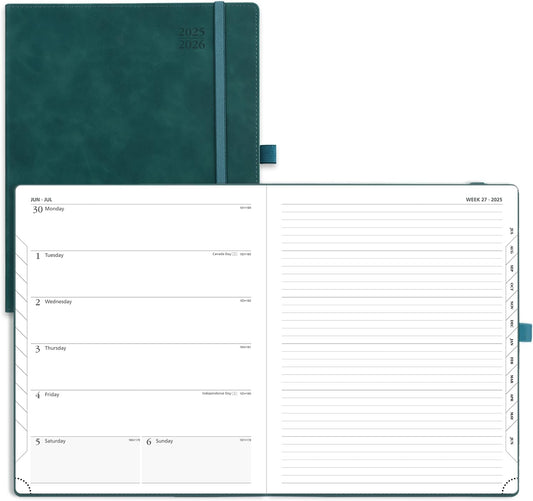 POPRUN Planner 2025-2026 Weekly Notebook (Large 8.5''x 10.5'') Academic Calendar (JUL.25 - JUN.26) Appointment Book with Monthly Tabs, Leather Soft Cover, Inner Pocket, 100 GSM - Petrol Green