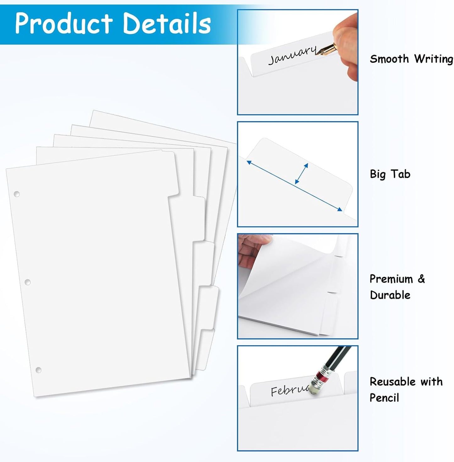 Binder Dividers for 3 Ring Binder, 1/5 Cut Tabs, Letter Size, Blank Write On Page Dividers with 5 Big Tabs for School Office Home, 8 Sets, 40 Dividers, White