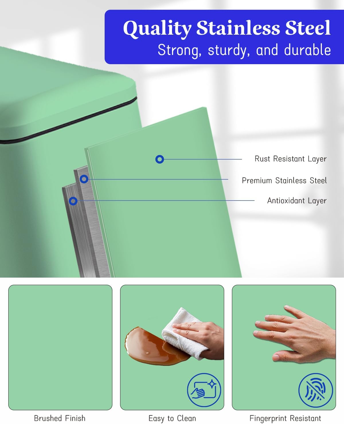 Rubbish Bin with Lid, 10 L, Stainless Steel Bathroom Waste Bin, Small Waste Bin, Pedal Bin, Stainless Steel for Bathroom, Bedroom and Office, Green