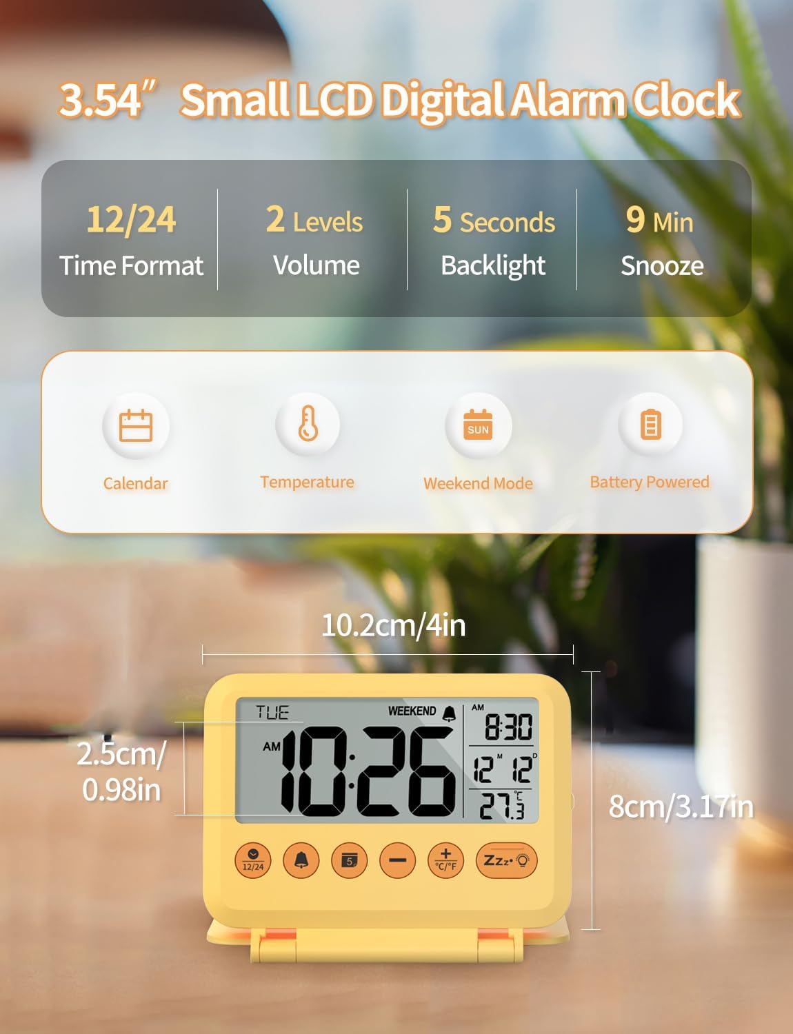 Digital Travel Alarm Clock - 3.54 inch LCD Display, 9-Minute Snooze, 2 Volume Levels, Backlight, Battery Included (Yellow)
