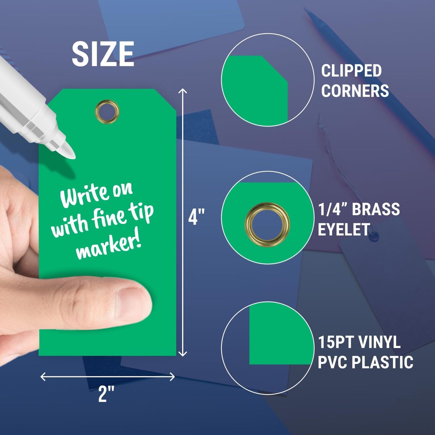 Tags 4 Less 15 Mil Waterproof Plastic Tags, Pack of 100 – 2” x 4” Heavy Duty Plastic Tags for Labeling, Outdoor Tagging, Equipment Labeling, Luggage, Valves & More (Dark Green)