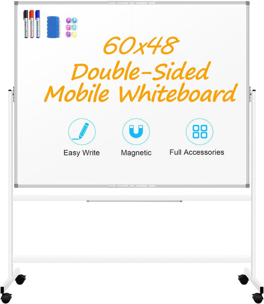 60 x 48 Double Sided Rolling Whiteboard, Large Rolling White Board - Magnetic Rolling Dry Erase Board Easel Standing Board on Wheels with Aluminium Frame for Office, Home & Classroom