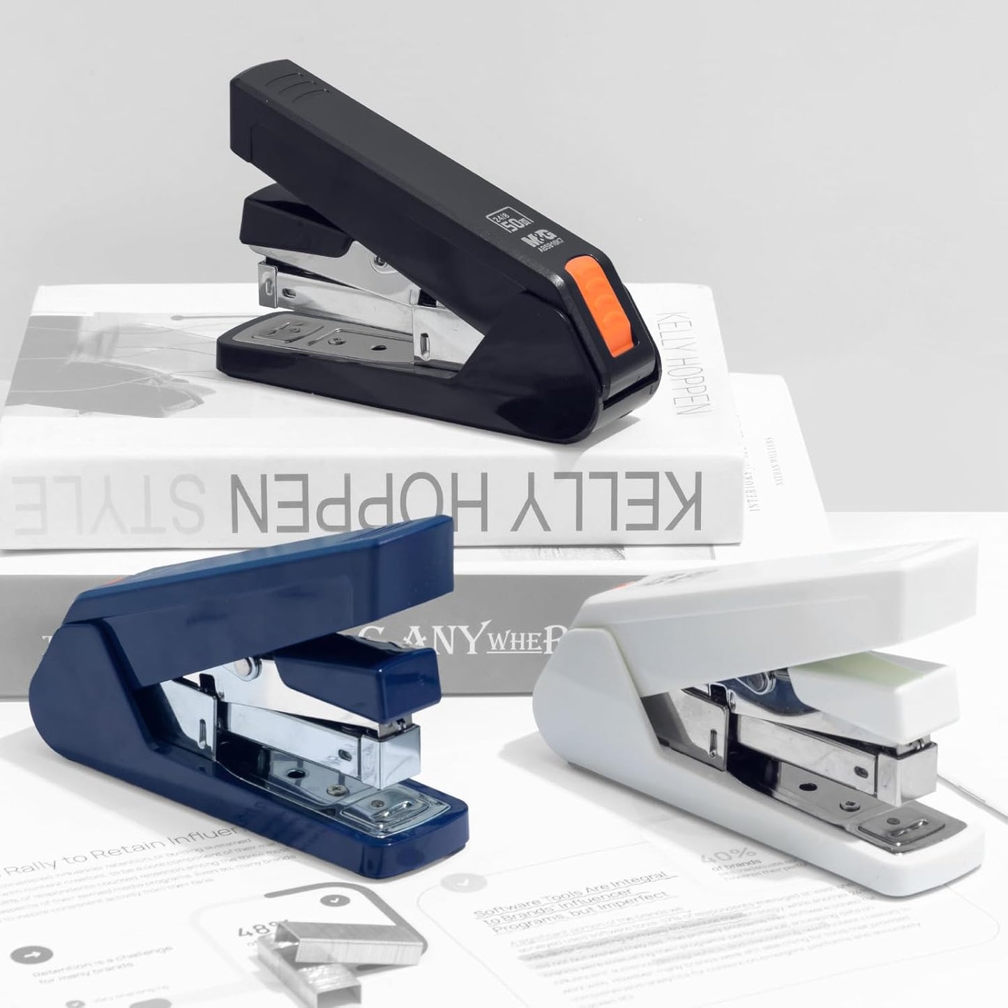M&G Effortless Stapler 50 Sheet Capacity One-Touch Stapling, Heavy Duty Desktop Stapler Includes 1000 Staples and Remover, Portable Handheld Staplers for Home & Office (Dark Blue)
