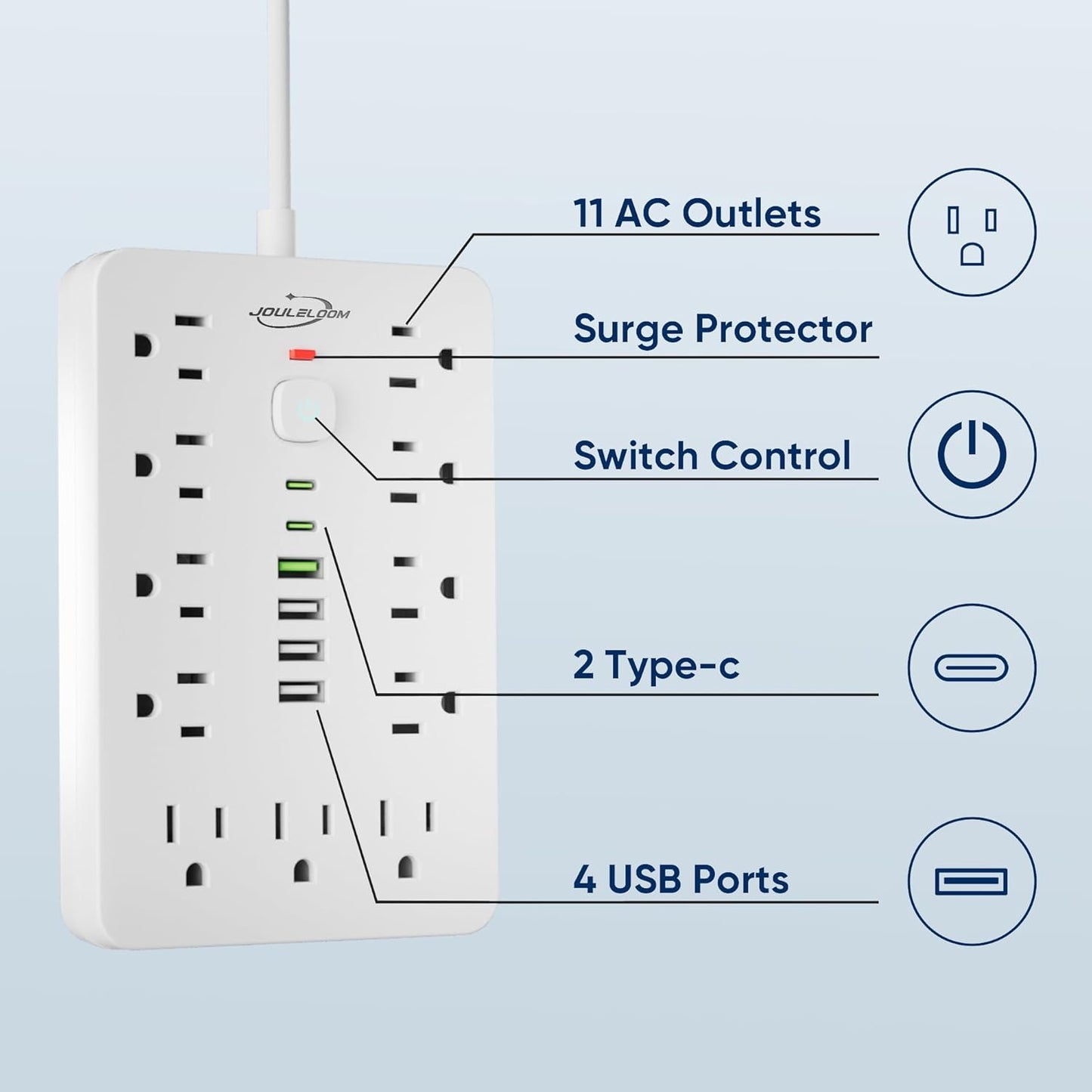20 FT Flat Plug Surge Protector Power Strip,11 Multiple AC Outlets with 6 USB Ports (2 USB C), 20 Feet Extension Cord, 1250W/10A, One Touch Switch Button, White