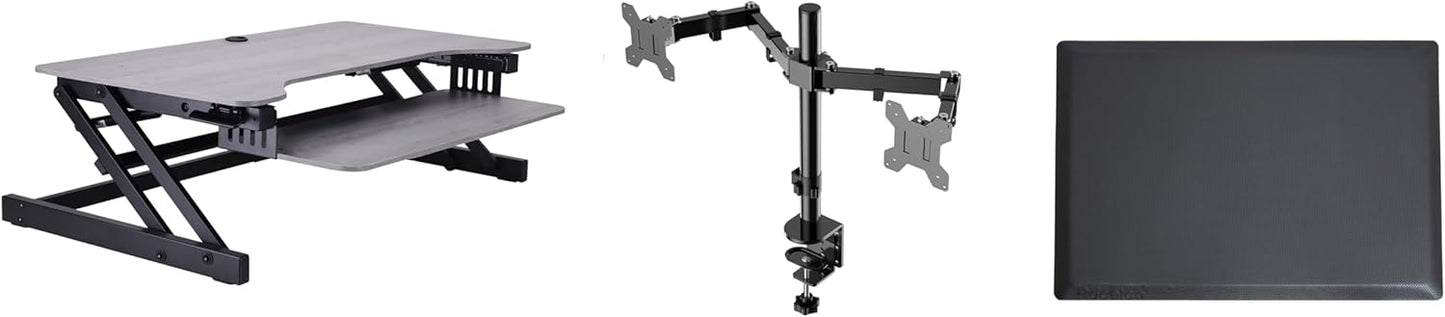 Rocelco 37.5" Height Adjustable Standing Desk Converter with Dual Monitor Mount and Anti Fatigue Mat -Slide Out Retractable Keyboard Tray -Sit Stand Tabletop Riser Workstation -Gray (R DADRG-DM2-MAF)