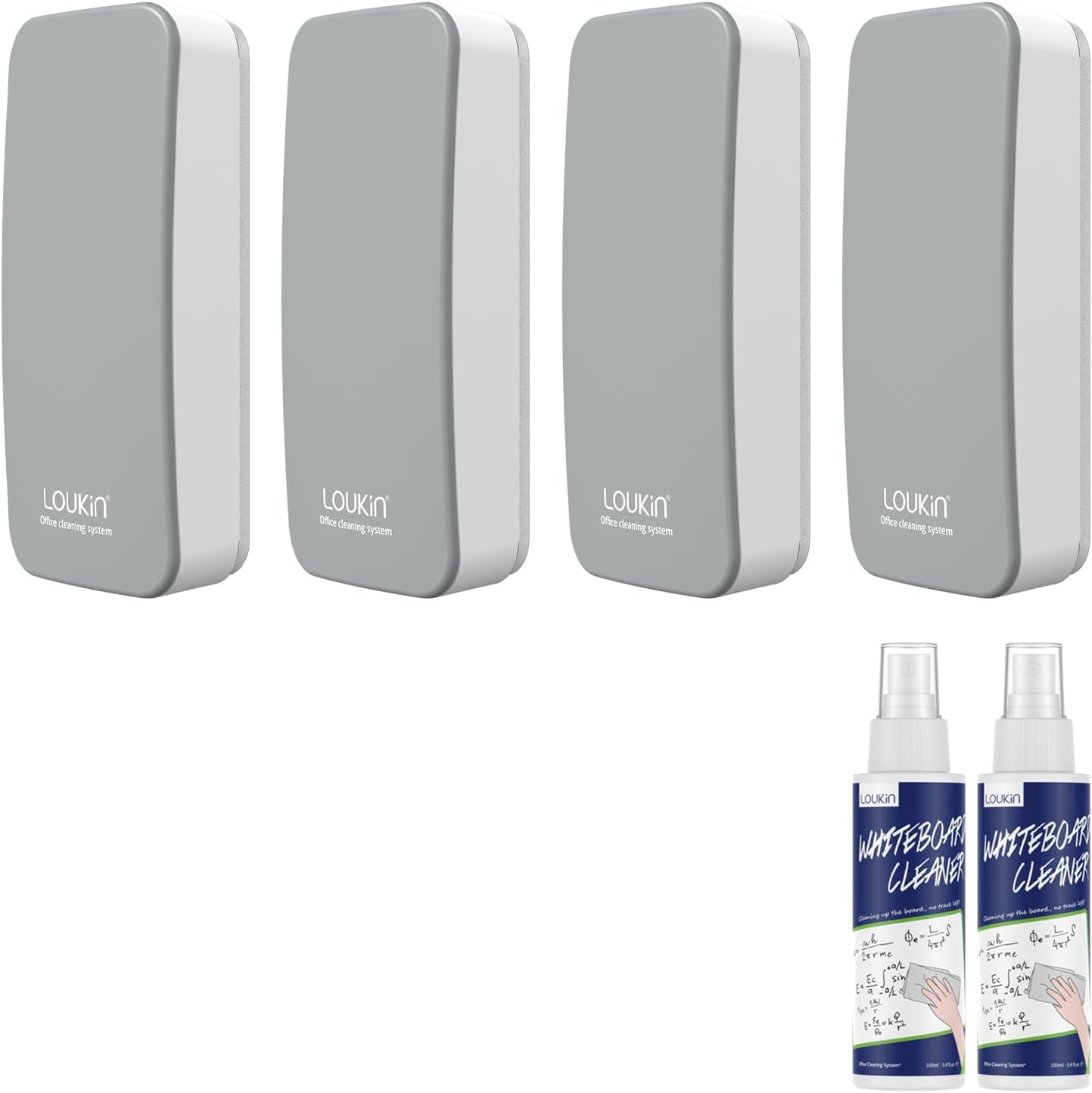 loukin 4 Pack Magnetic Dry Erase Eraser, Whiteboard Eraser, Glass Board Remover, 3.4 fl oz Whiteboard Cleaner * 2 Included, for Classroom, Home and Office Use (Gray)