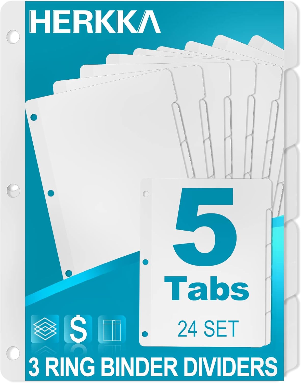 5-Tab Binder Dividers, HERKKA 3 Ring Binder Dividers with Reinforced Edge, 3 Hole Punch Section Index Dividers for Binders, 1/5-Cut Tabs, Letter Size, White, 120 Dividers