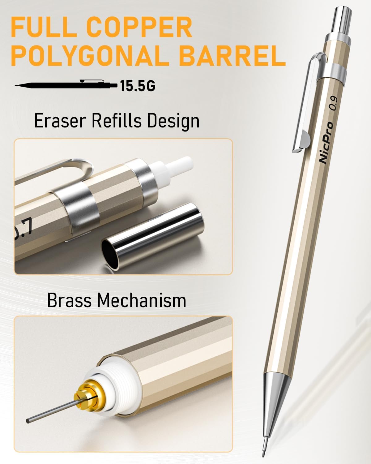 Nicpro 6PCS Metal Mechanical Pencil Set, Full Copper Drafting Pencil 0.3, 0.5, 0.7, 0.9 mm & 2PCS 2mm Graphite Lead Holder(4B 2B HB 2H) For Art Sketching Drawing With Lead Refills Eraser Case