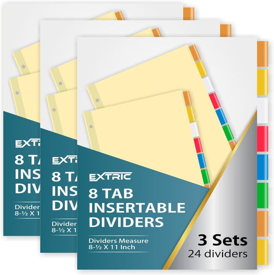 8-Tab Binder Dividers for 3 Ring Binder, Insertable Multicolor Big Tabs, Letter Size Paper Divider, 8.5 x 11 inch, 3 Sets (24 Dividers Total)