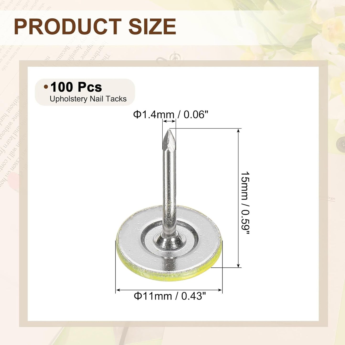 uxcell 100Pcs Upholstery Tacks, 11mmx15mm Flat Head Thumb Tack Decorative Furniture Nails Push Pins for Furniture Sofa Headboards, Light Yellow