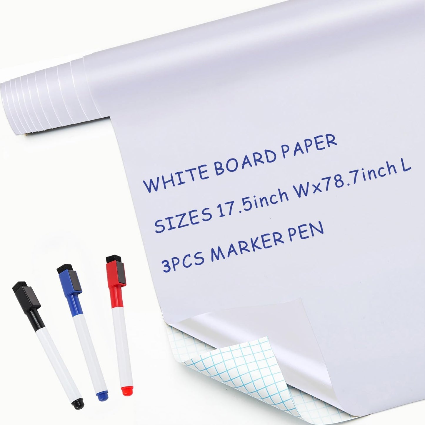 White Board Paper - 17.3” x 78.7” (6.5 Feet) - Self-Adhesive Dry Erase Board Sheet Sticker Removable Wall Decals for Kids, Office, School & Home with 3PCS Marker Pen