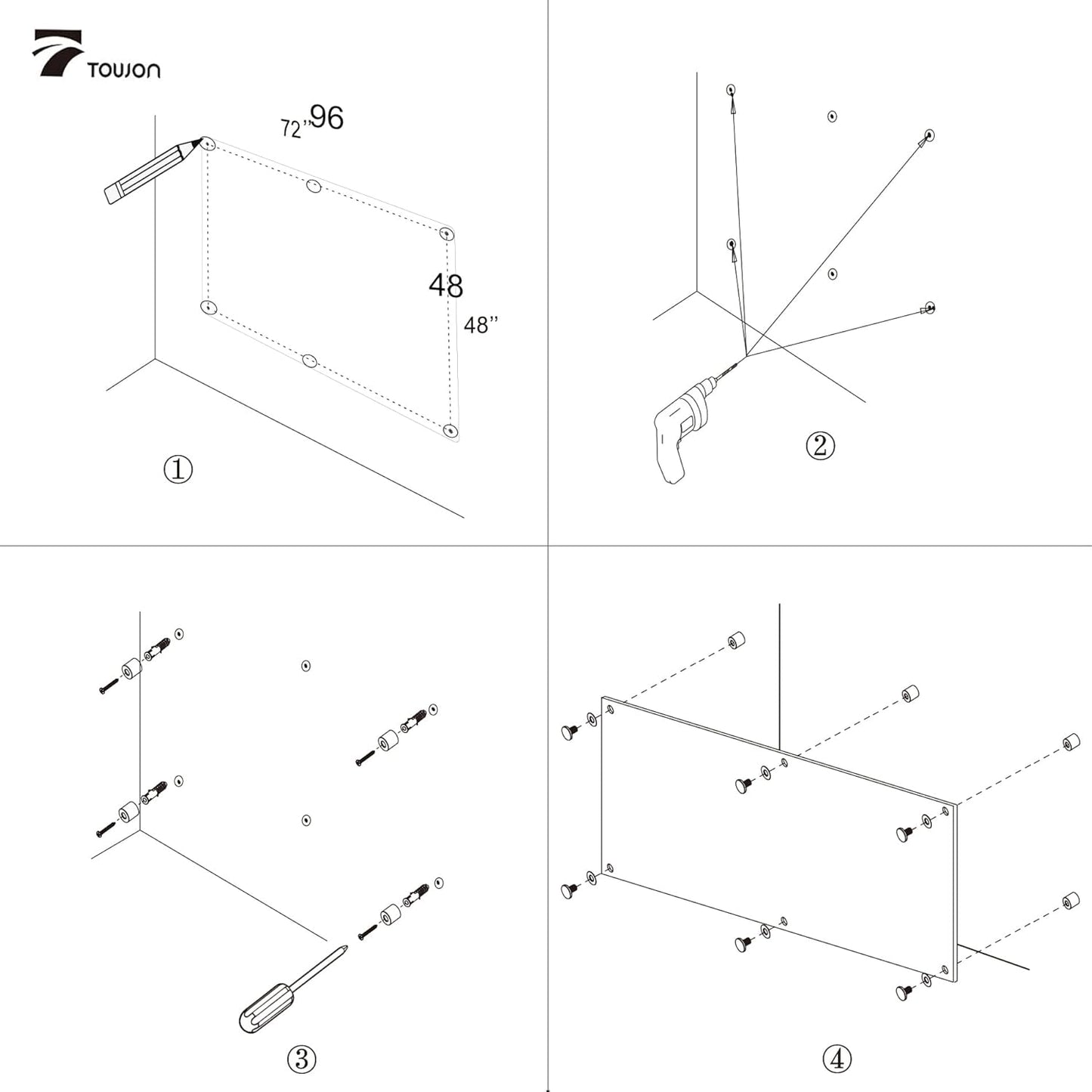 TOWON 6 x 4ft Glass Whiteboard Wall, Black Magnetic White Board Dry Erase 72 x 48 in, Big Glass Dry Erase Board with Multi-Color Markers, Strong Magnets, Pen Tray and Eraser, Frameless