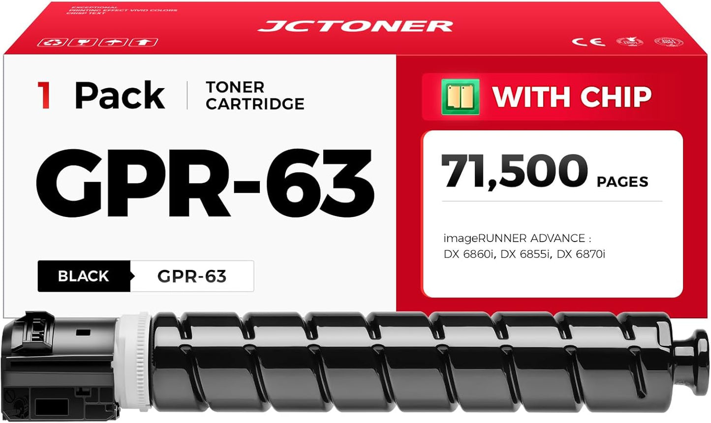 GPR-63 GPR63 Black Toner Cartridge 1-Pack with chip High Yield Replacement for Canon GPR-63 4766C003AA Compatible with ImageRUNNER Advance DX 6855i 6860 6860i 6870 6870i Printer Ink Copier All-in-One