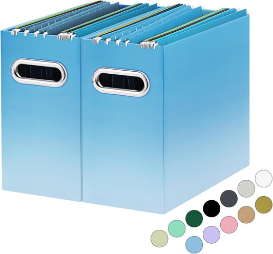 Oterri File Organizer, 2 Packs Small Storage Box, Cardboard File Folder Organizer, Collapsible File Box for Hanging File Folders Letter Size, Portable Filing Organizer (Gradient Light Blue)