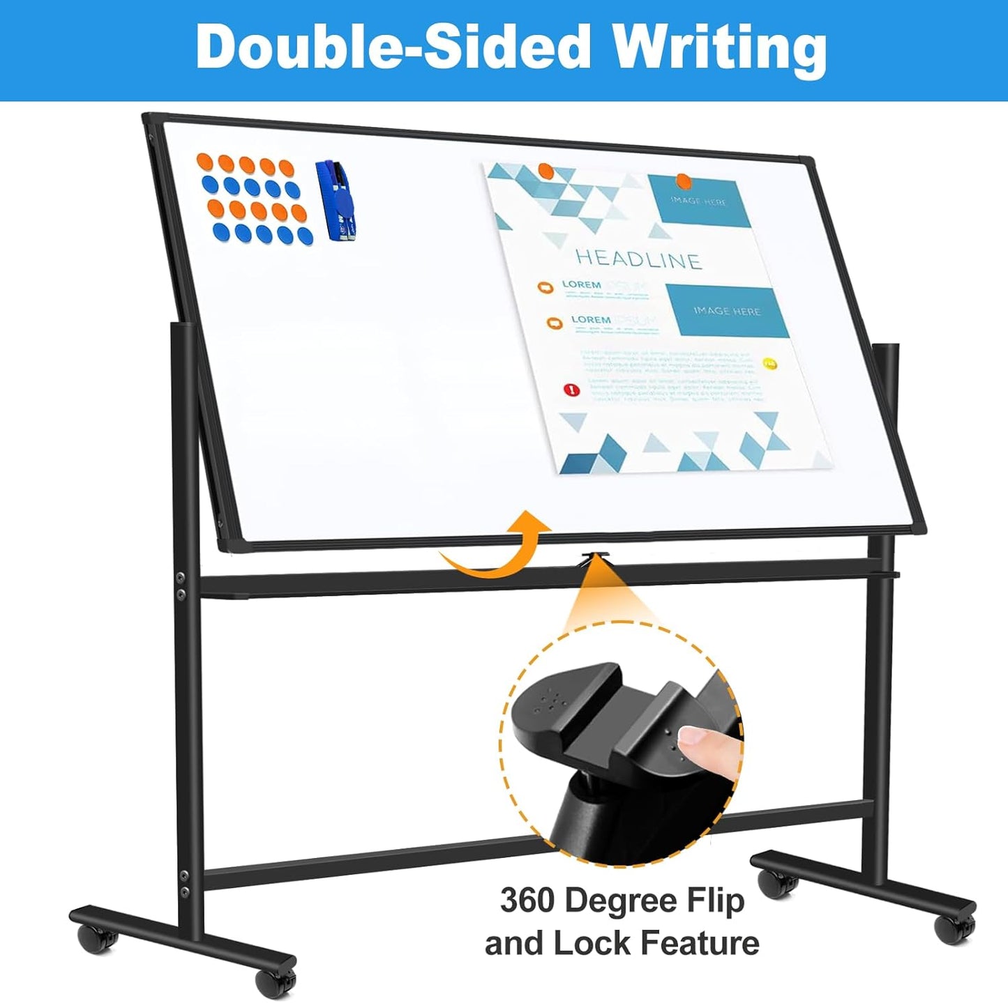 Rolling Whiteboard on Wheels 72"x48", Double-Sided Dry Erase Board with Stand, Big White Board with Stand Portable Magnetic Mobile White Board with 2 Eraser, 6 Markers, 20 Magnets
