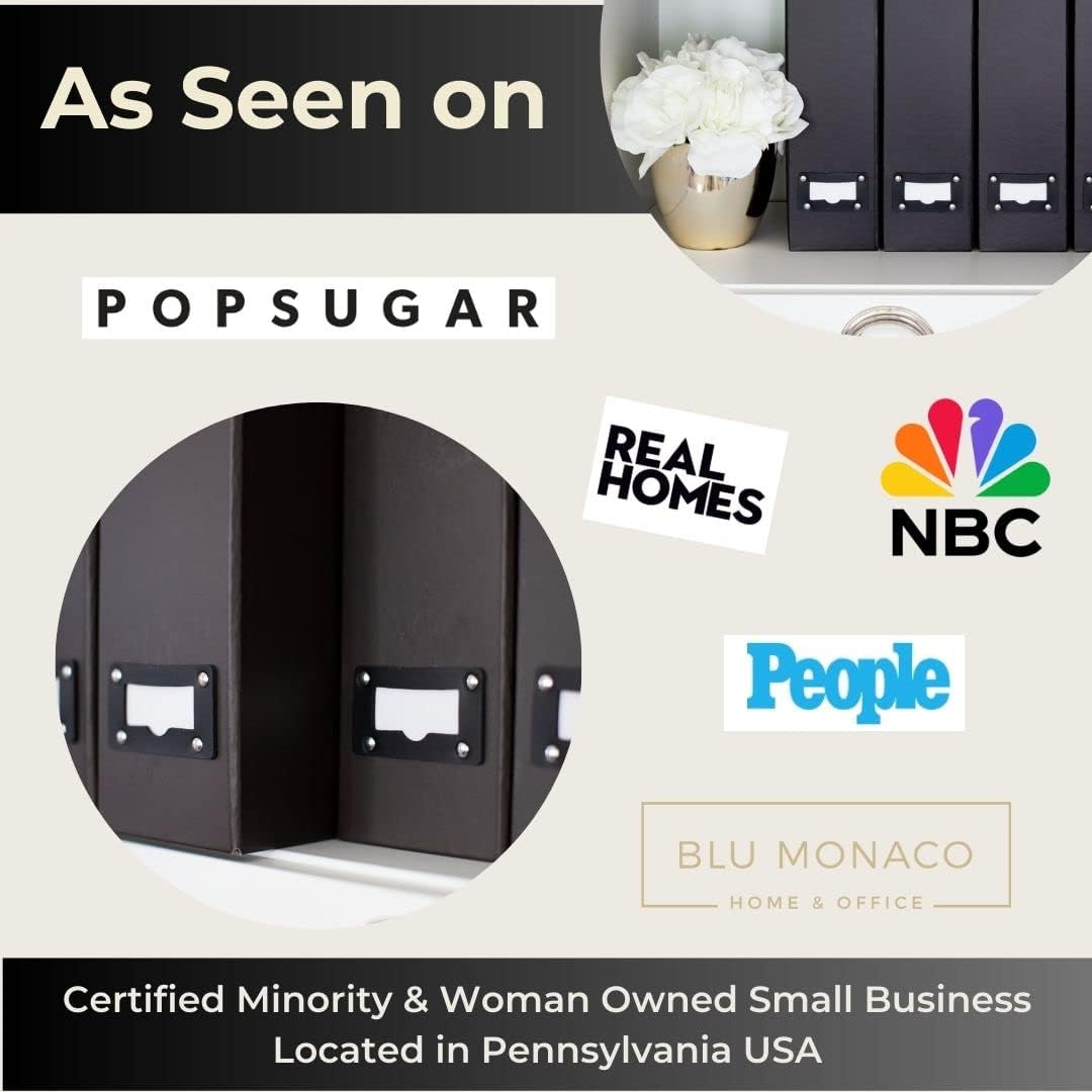 Blu Monaco Foldable Black Magazine File Holder with Leather Label Holder - Set of 6 Cardboard Magazine File Boxes Desk File Organizer