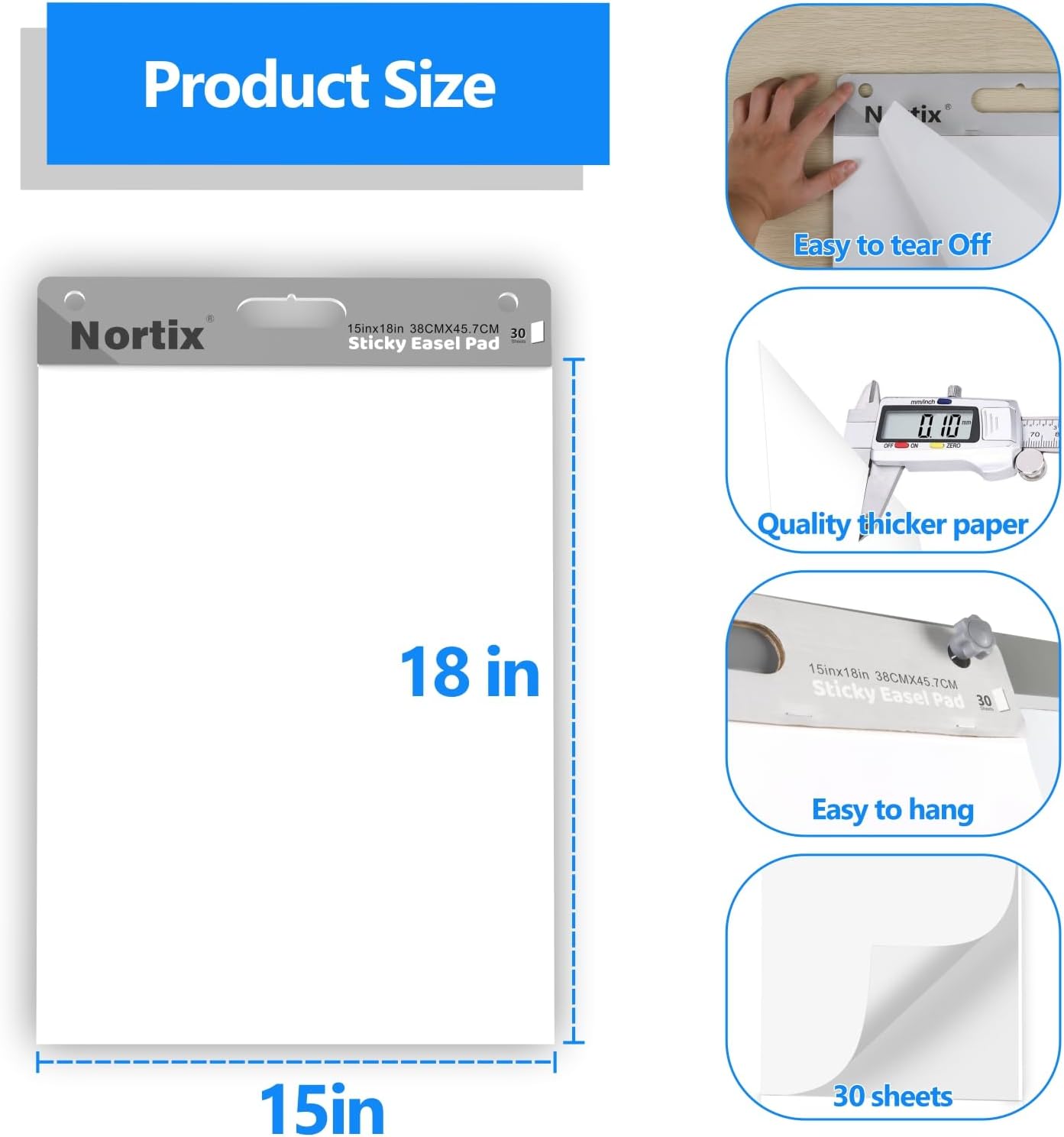 Nortix Flip Chart Paper, Sticky Easel Pads, Chart Paper for Teachers,Super Adhesive & Bleed-Resistant, Mini Self-Stick Easel Paper for Classroom/Office, 15 x18 inch, 30 Sheets/Pad, 4 Pads