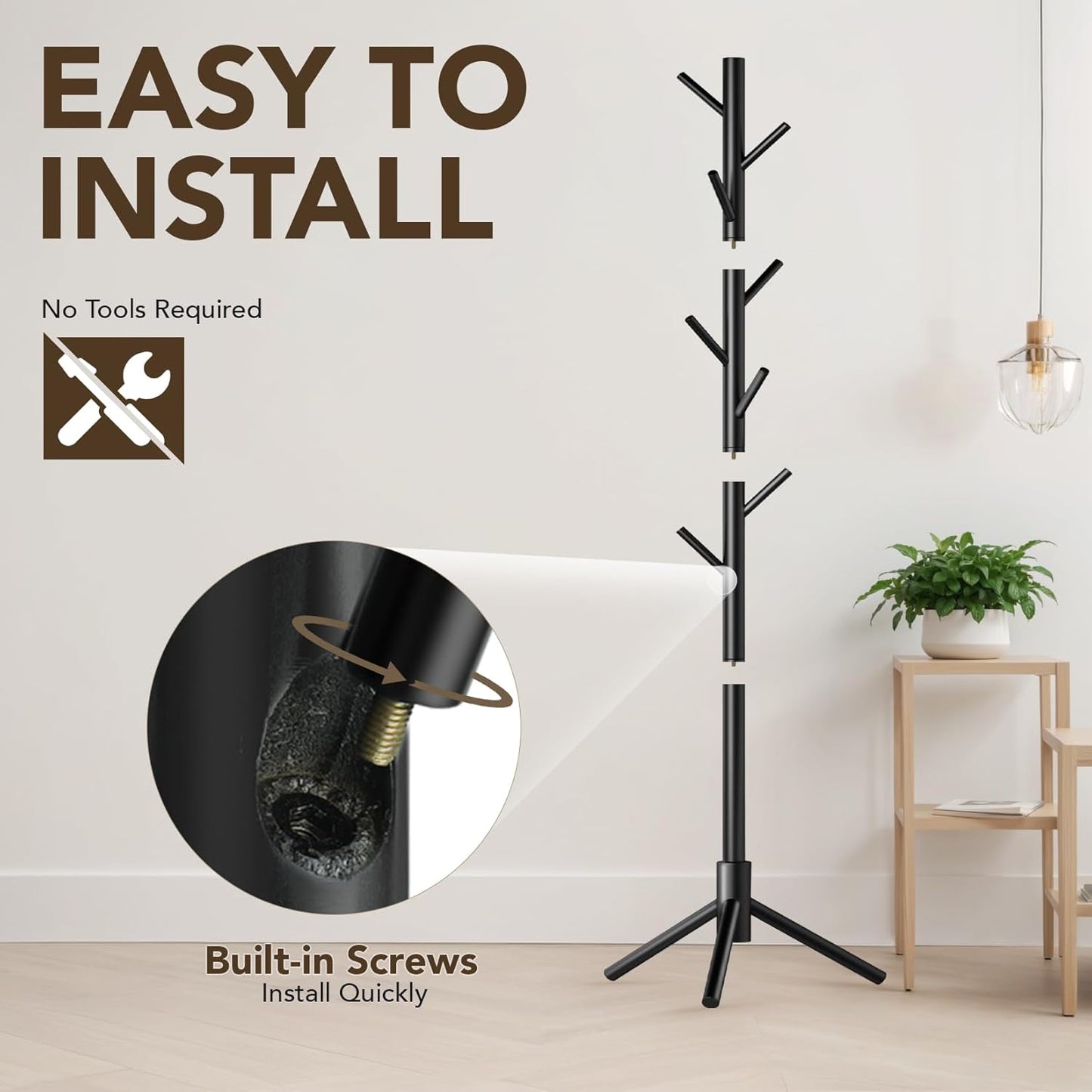 Wooden Tree Coat Rack Stand,Sturdy Freestanding Coat Rack with 8 Hooks,3 Adjustable Height for Child Adult,Wood Coat Stand Tree Fits Entryway Bedroom Office for Bags,Hats