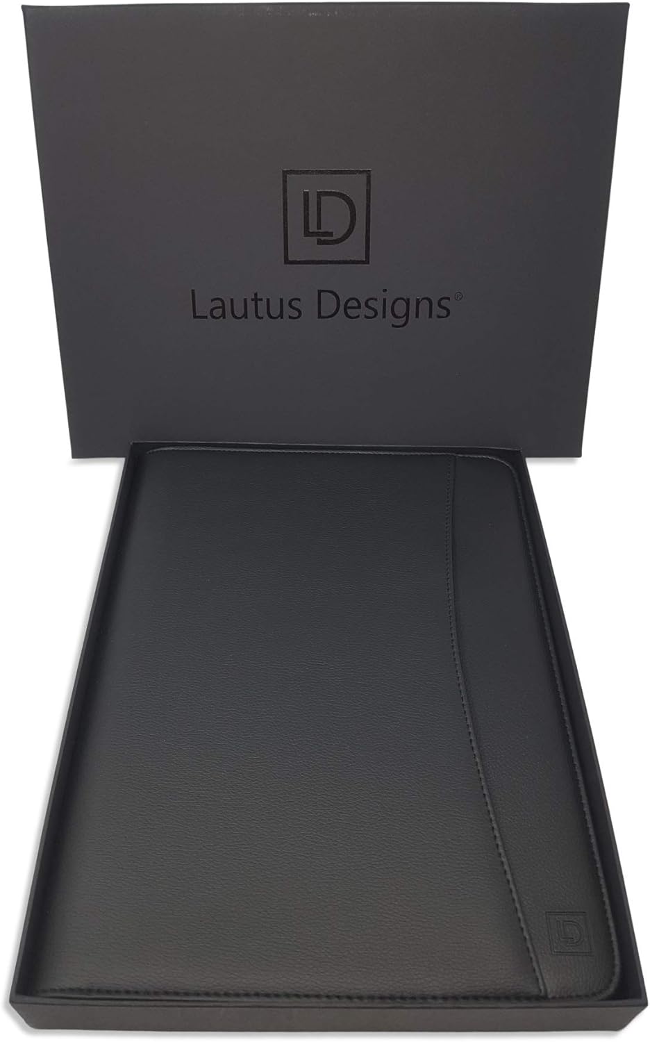 Matt Black Zippered Portfolio Binder - Lean PU Leather Business Executive Portfolio Organizer Folder - Padfolio for Men & Women with US Letter Notepad & Gift Box by Lautus Designs