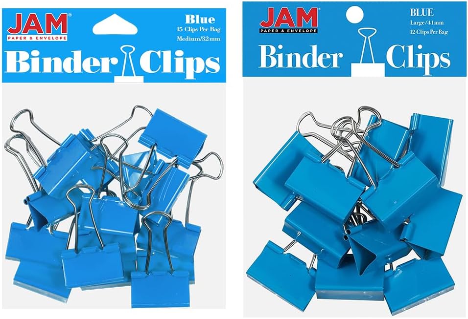 JAM PAPER Colorful Binder Clips Assortment - Medium & Large Size - Blue Binderclips - 27 Clips/Pack
