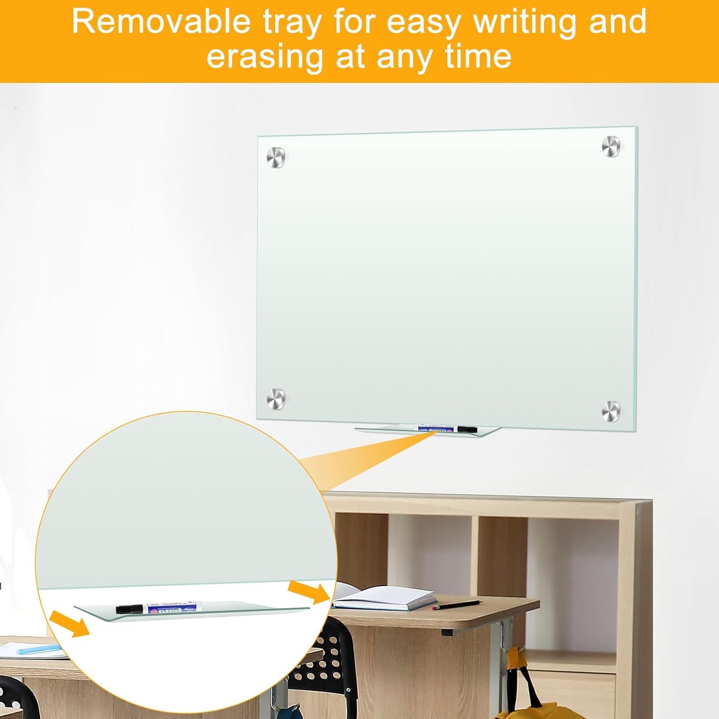 H-Qprobd Dry Erase White Board for Wall 72"x40" Magnetic Glass Frameless Whiteboard Mount for Home School Supplies or Home Office Decor, Includes 8 Magnets, 8 Markers and 2 Erasers