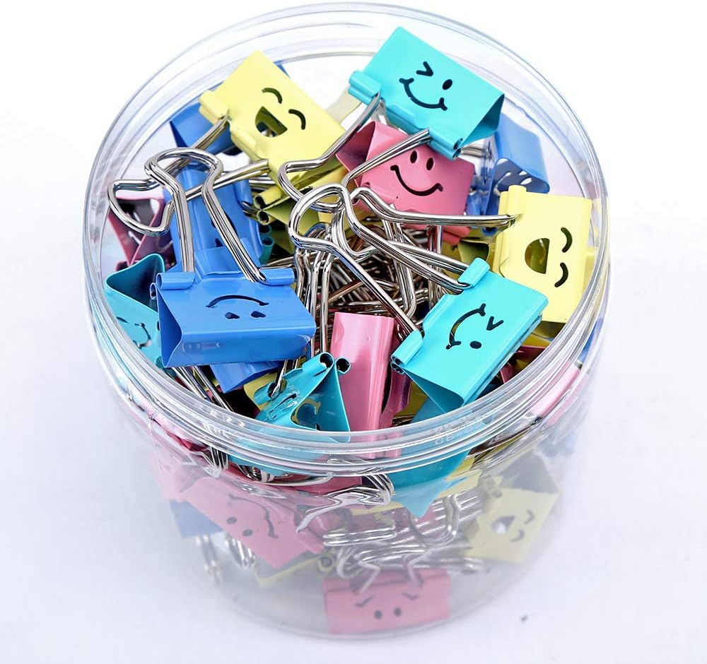 【64pack】 Binder Clips, Limque Paper Clips,Paper Clamps with Colored Cute Hollow Smiling Face,64 Pcs Assorted Size Clip, for Office,Teacher Gifts and Kitchen (BC-64pack)