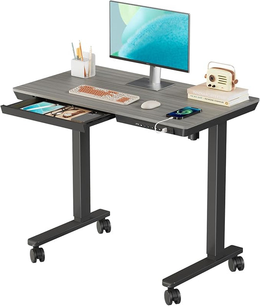 Small Standing Desk with Drawer, 35" x 20" Whole Piece Tabletop Electric Sit Stand Desk, Height Adjustable Desk with Storage & USB Ports, Quick Install Home Office Computer Desk, Grey