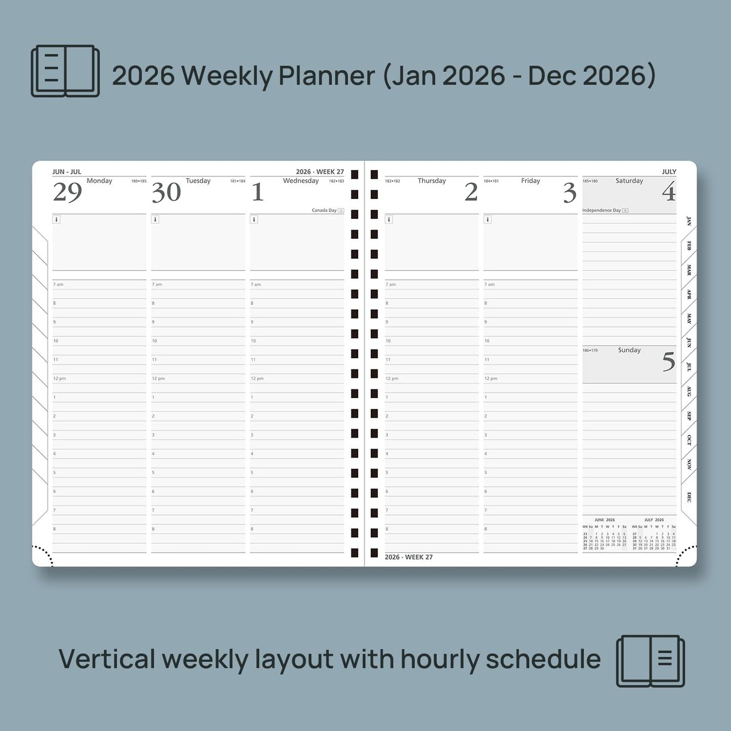 POPRUN 2026 Planner (Large - 8.5" x 10.5") with Hourly Schedule, Vertical Layout - 2026 Weekly Calendar (Jan. 2026 - Dec.2026) for Time Management, Monthly Tabs, Spiral Bound, Soft Cover - Green