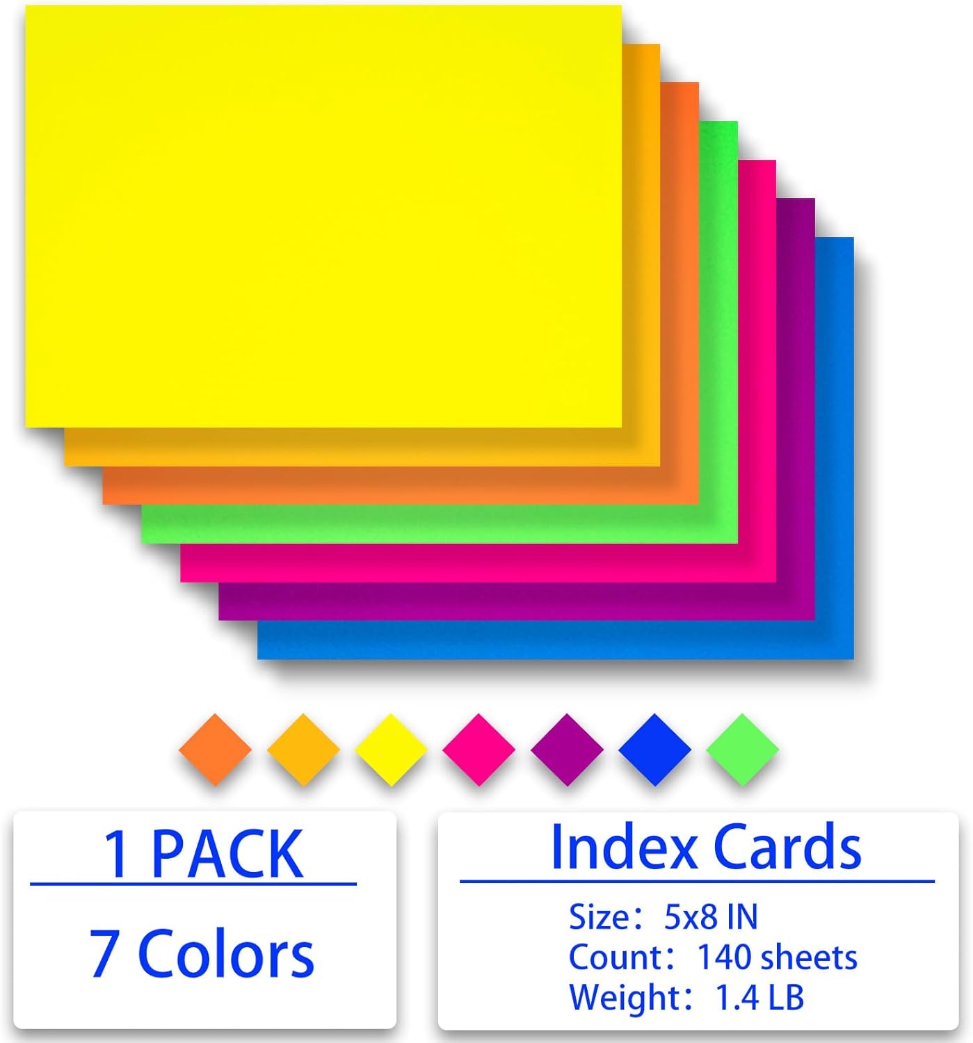 Index Cards 140-Count 5X8 Inch,178GSM Heavyweight Set of 7 Fluorescent Colors Paper Multicolor Study Cards
