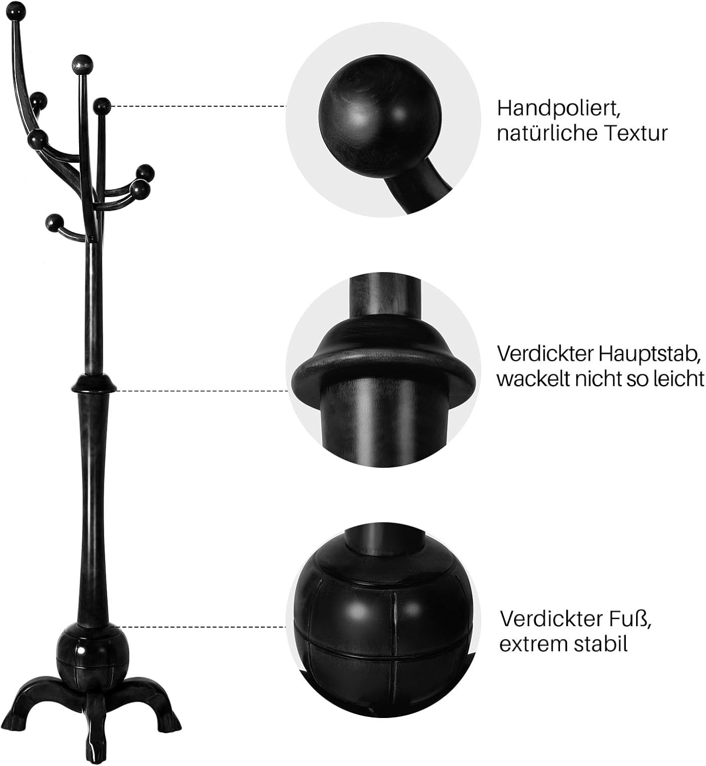 Heavy Duty Coat Rack Freestanding Wood Tree Rack with 8 Hooks, Unique Design Tree Branch-look, Premium Coat Tree Clothes Hanger Stand with Sphere Base for Entryway, Hallway, Bedroom-Load 160lbs Black