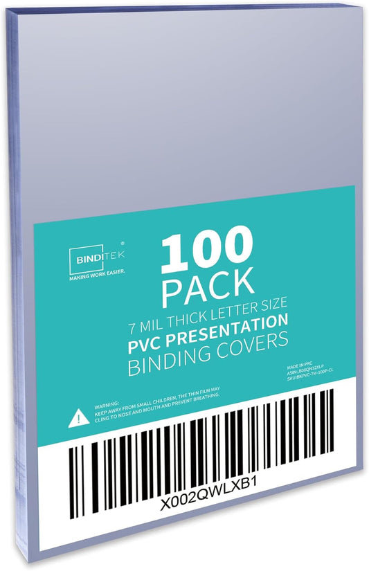 Binditek 100 Pack 7 Mil PVC Plastic Binding Covers, 8.5 x 11 Inches, Letter Size, Square Corners, Un-Punched, Office Supplies