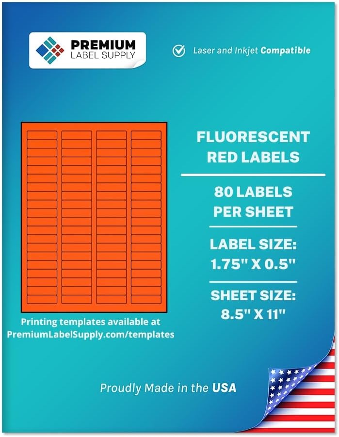 Premium Label Supply Bright Neon Color Fluorescent Sticker Labels - 1.75" x 0.5" Return Address Labels - (Fluorescent Red, 8000 Labels)