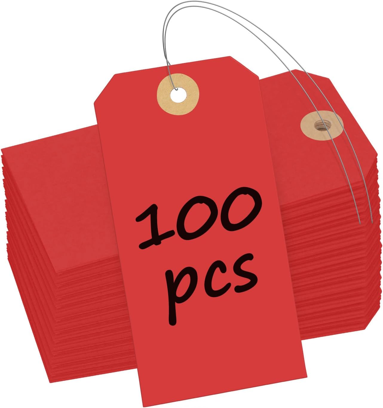 Uniclife 100 Pcs Red Blank Shipping Tags with Wire Attached 4.7 Inch Paper Tags Hang Tag with Reinforced Eyelet Large Marking Label Writable Price Tags Inventory Label Tag, 4.7" x 2.36"