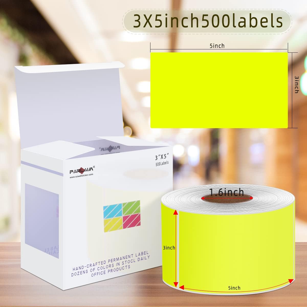 PARLAIM 3" x 5" Rectangle Adhesive Color Code Stickers,500 per Dispenser Box Roll Square Label Inventory Stickers (Fluorescent Yellow)
