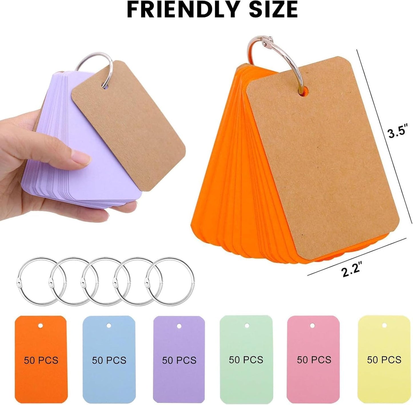 Koogel 300PCS Index Cards, Colored Index Cards with Ring for Back to School, 2.2 x 3.5 Inch, Small Flashcard Notecard for Studying Nursing Classroom Note Taking Essentials, 6 Colors