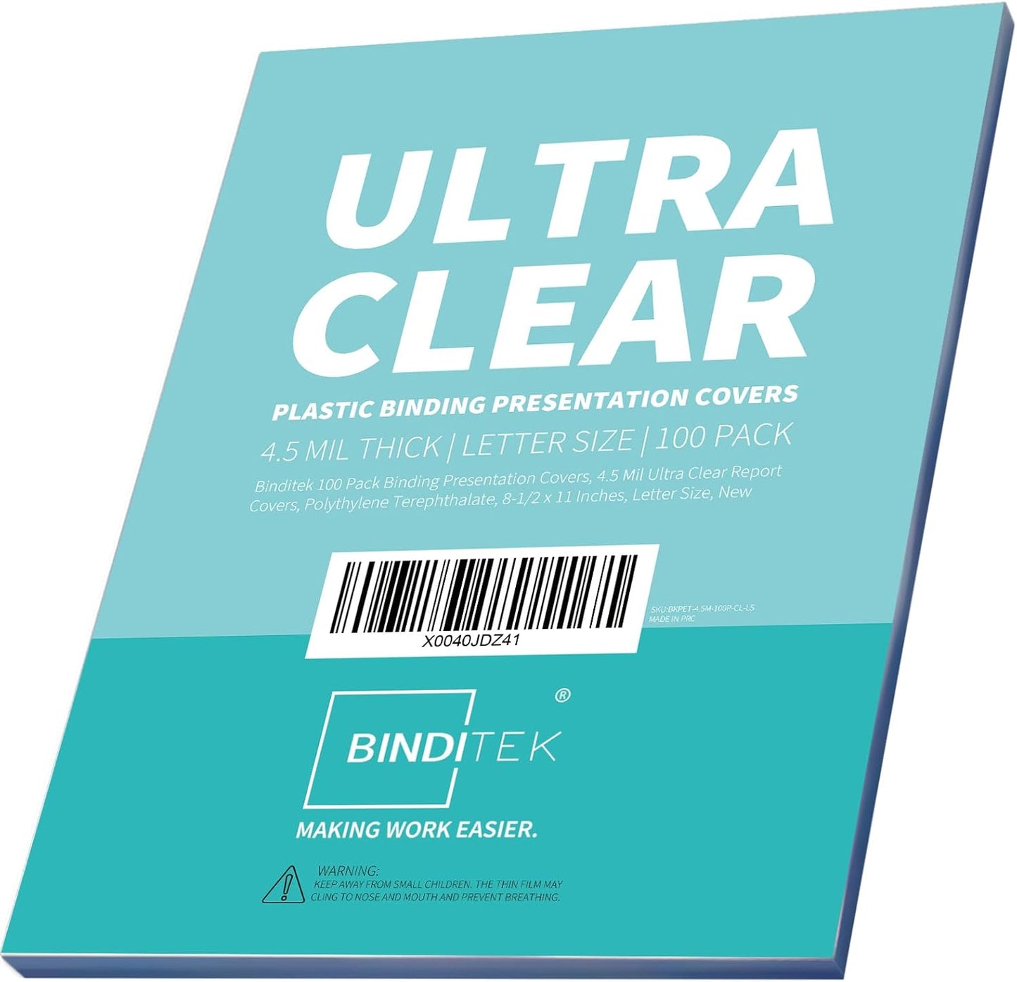 Binditek 100 Pack 4.5 Mil Binding Presentation Covers, Ultra Clear, 8.5 x 11 Inches, Letter Size, Square Corners, Un-Punched