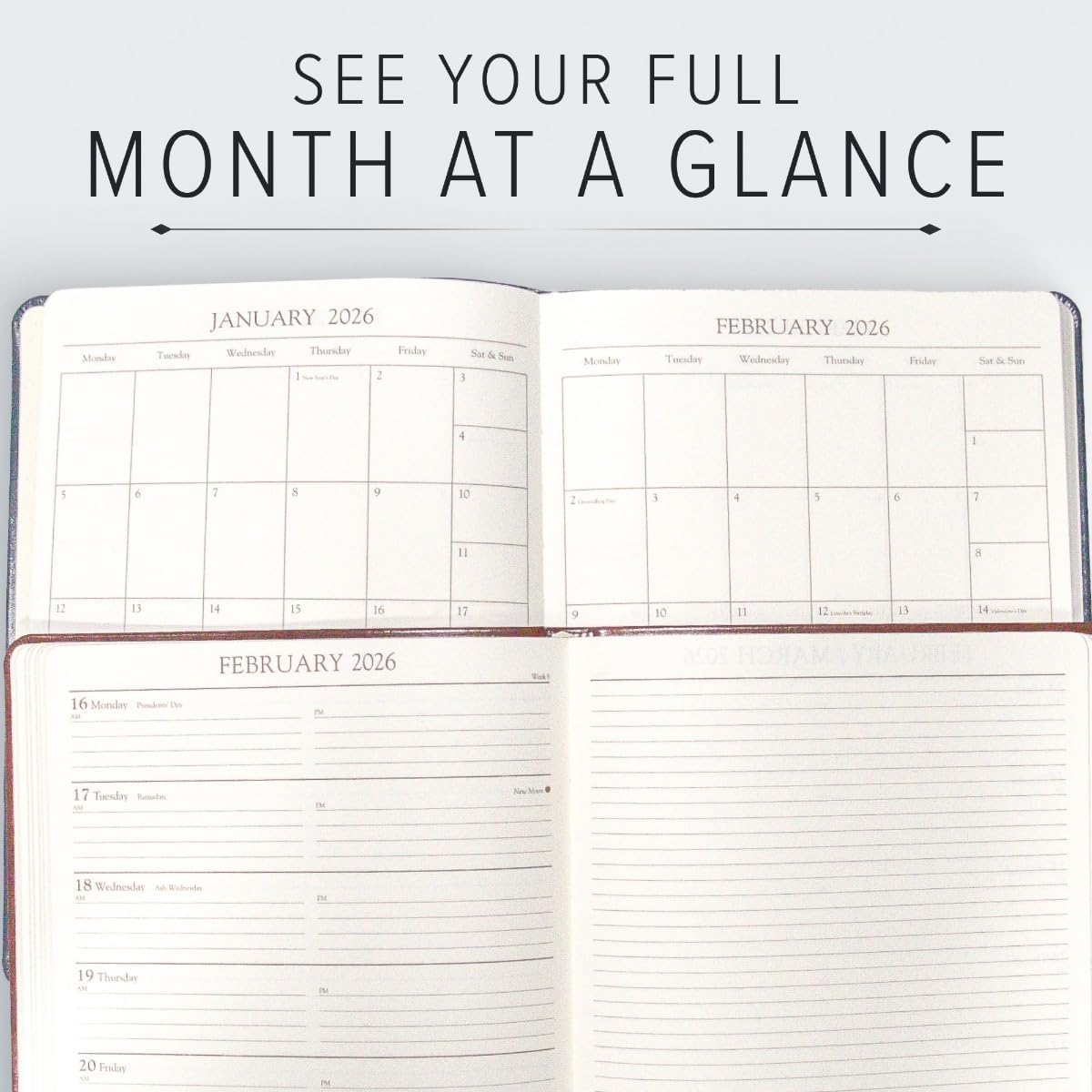 Gallery Leather Academic Planner 2025-2026, Teacher and Student Weekly Monthly Planner, Elegantly Bound Calendar with Gold-Gilded Page Edges, 18 Months - Acadia Black - 9x7"