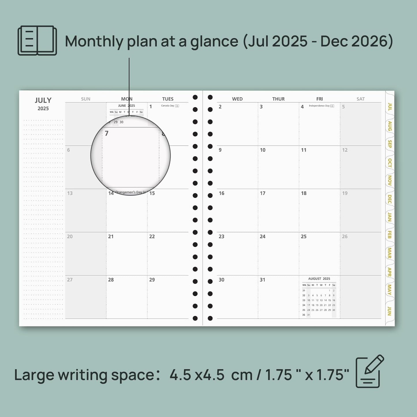 POPRUN Monthly Planner 2025-2026 Spiral Hardcover (8'' x 10''), 18 Months Calendar (Jul.2025 - Dec.2026)- 2 Pages per Month with Dotted Note Pages, Sunday Start, Laminated Tab - Pacific Green
