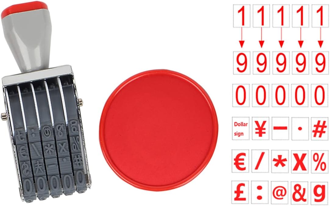 Rubber Number Stamps and Pad Kit, Multi-Function DIY 5 Digits Roller Stamp,Business Stamps Office Stamps Date Stamp with Red Stamp Pad Scrapbooking Roller Writing Paper