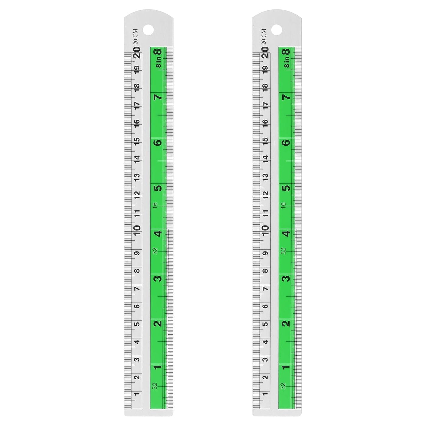 HARFINGTON 2pcs Metal Straight Ruler 20cm Metric SAE Aluminum Alloy Measuring Rulers Scale Tool with Hole for Measure Study Reading Classroom Office, Green