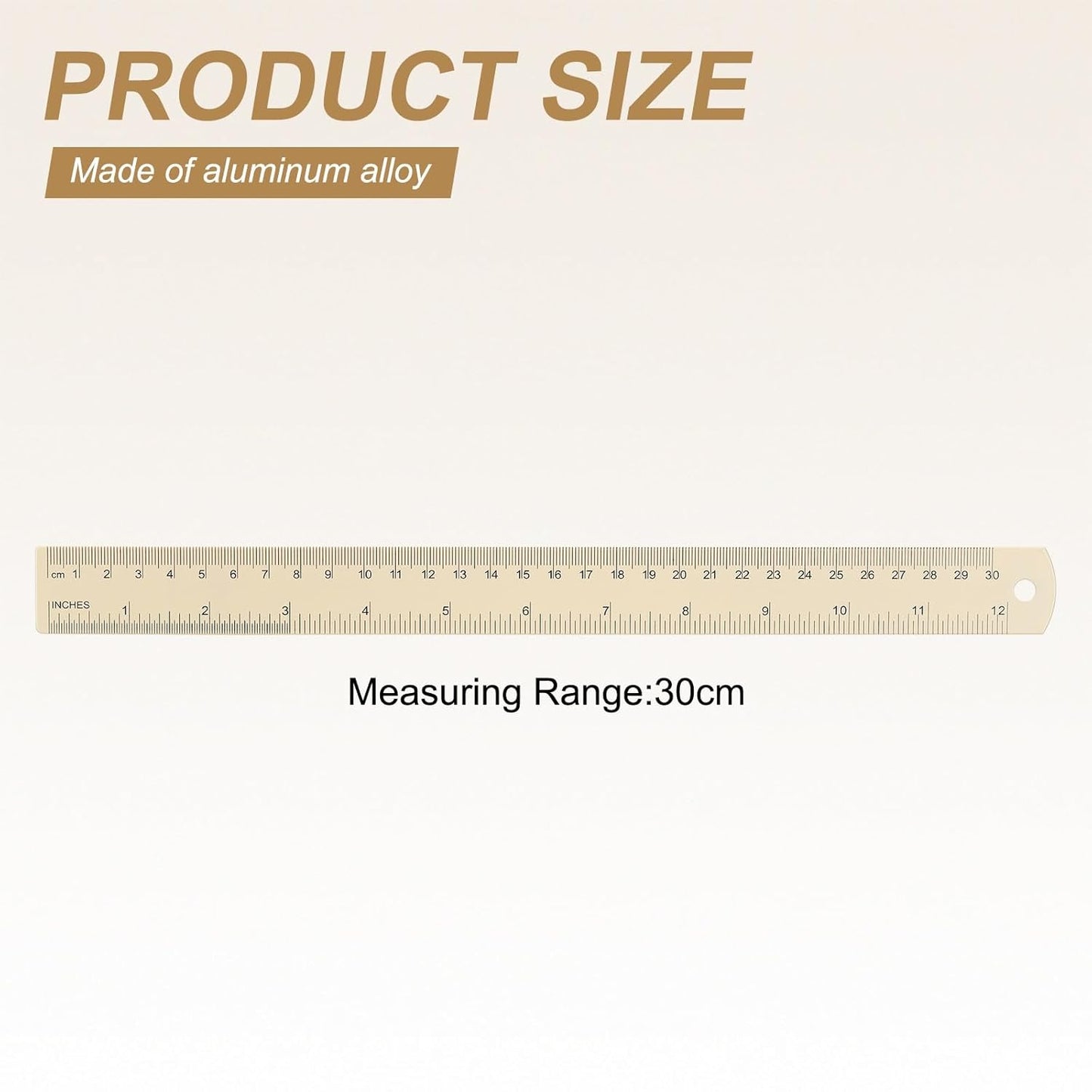 HARFINGTON 4pcs Metal Straight Ruler 30cm Metric SAE Aluminum Alloy Measuring Rulers Scale Tool with Hole for Measure Study Reading Classroom Office, Beige