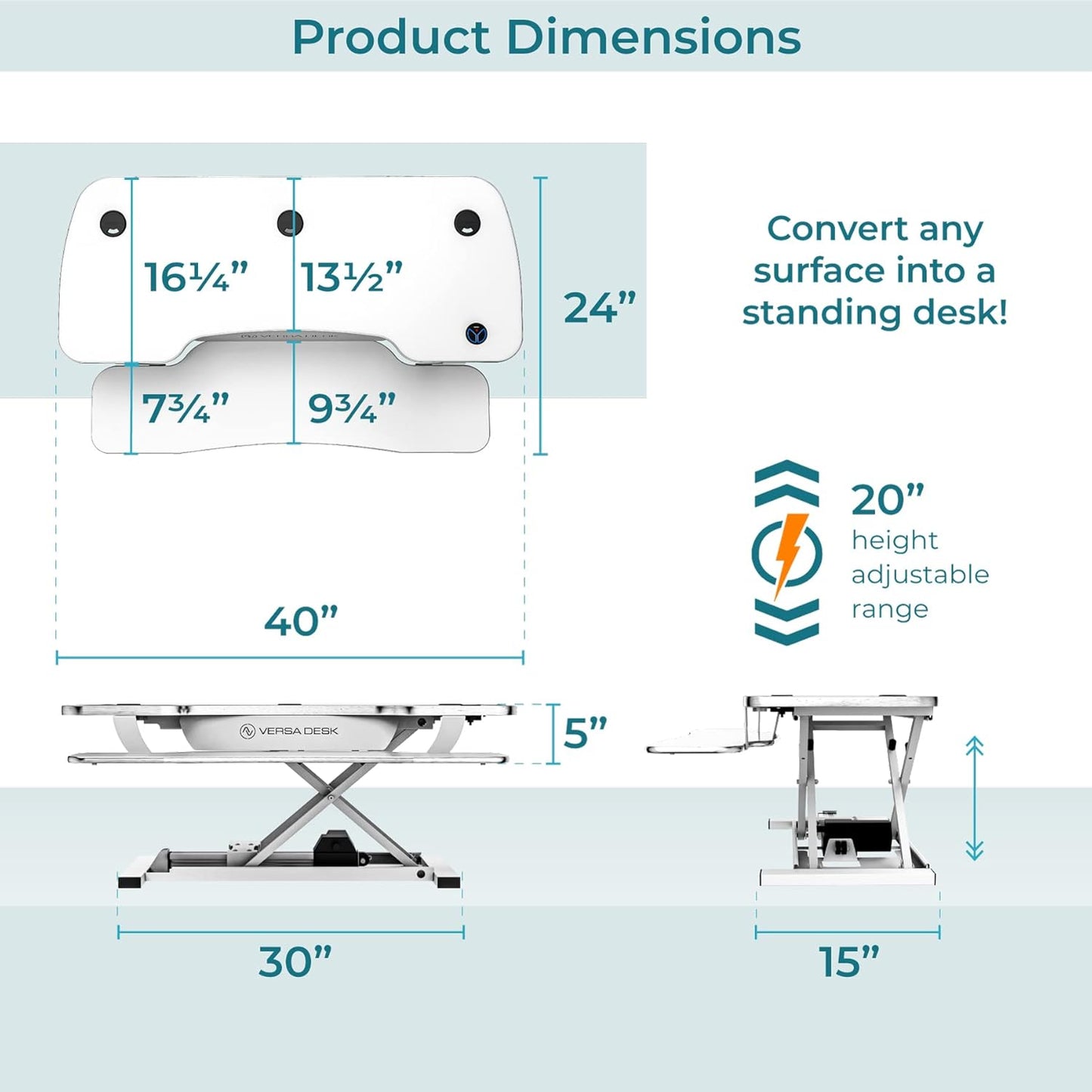 VERSADESK® Electric Standing Desk Converter, 40 Inch Large PowerPro™ Height Adjustable Sit to Stand Desk Riser with Keyboard Tray, Built-in USB Charging Outlet, Ergonomic Workstation, White
