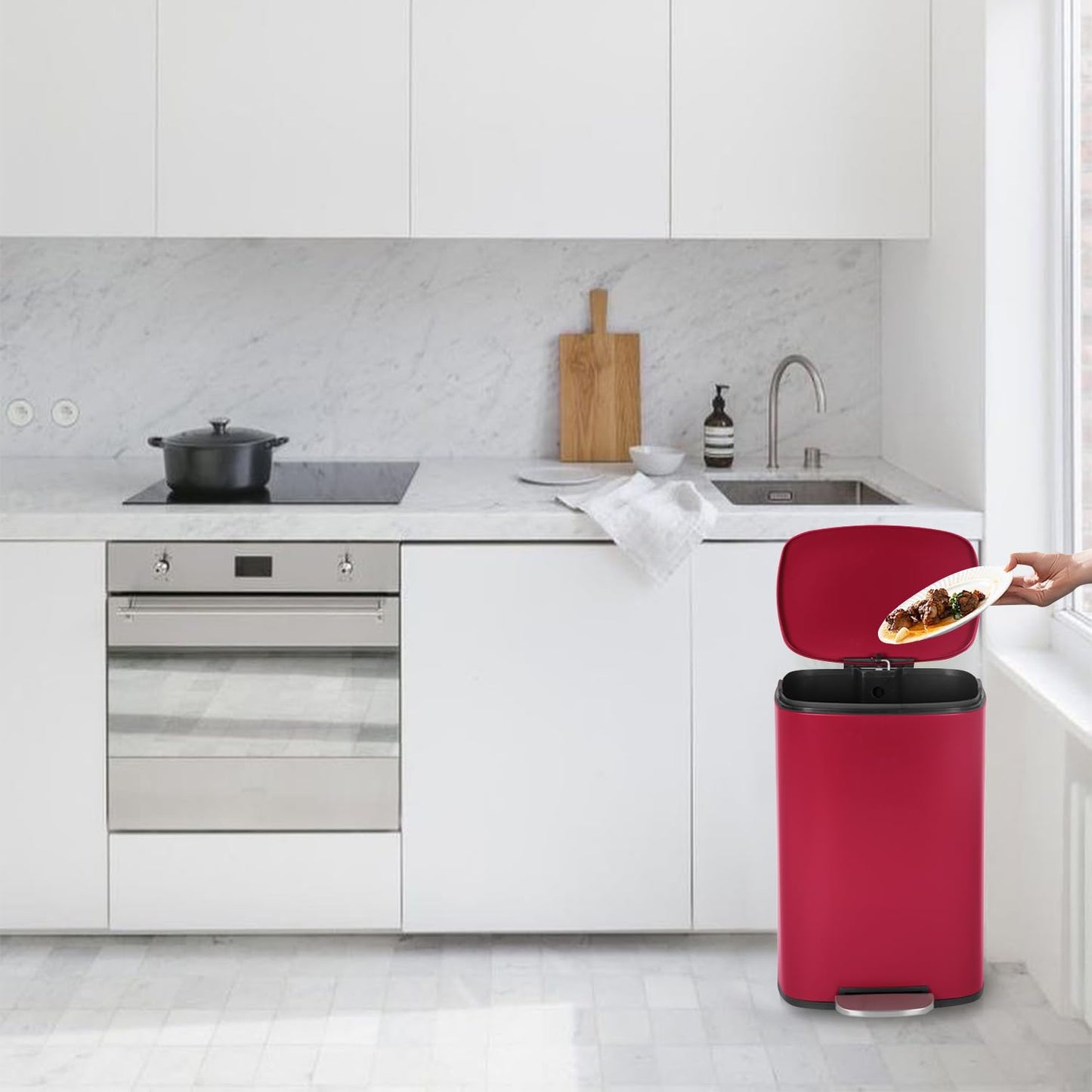 PayLessHere Stainless Steel Trash Can with Lid - Removable Inner Bucket, Foot Pedal, Soft Close for Office, Home, Kitchen (Red, 13 G)