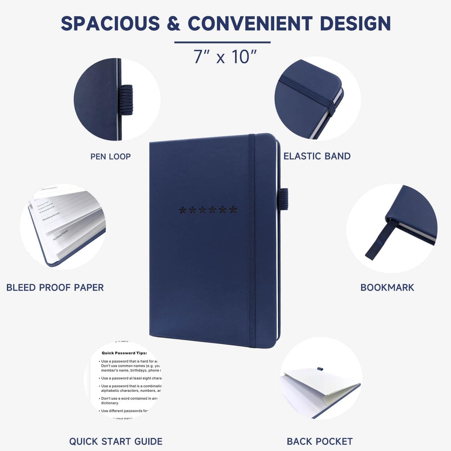 Password Book with Alphabetical Tabs – Hardcover Internet Address & Password Organizer – Password Keeper Notebook for Computer & Website – 7 x 10" Log-in Password Journal w/Thick Paper (Navy Blue)